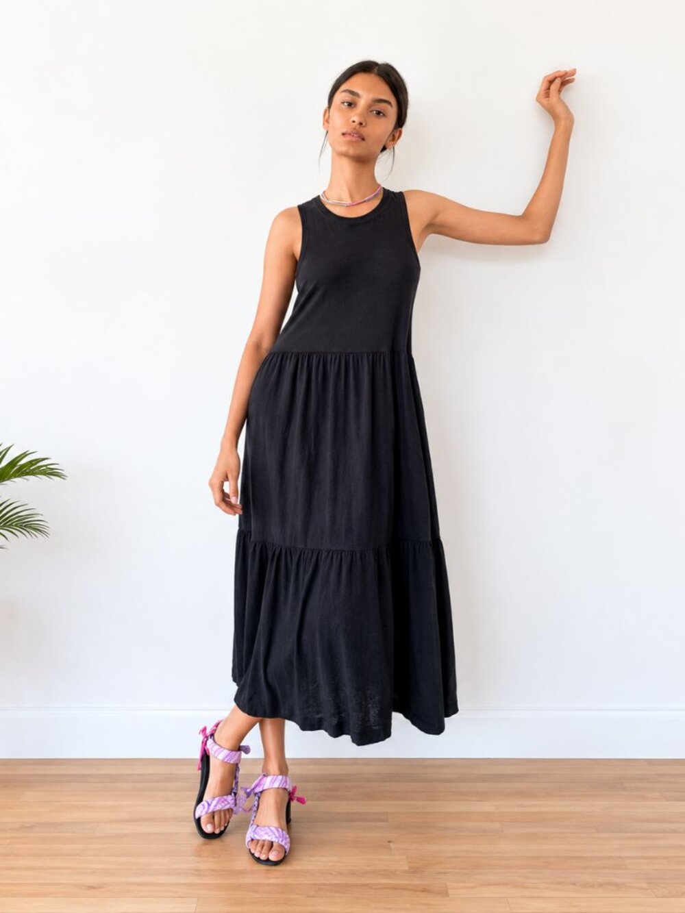 Nation LTD Melissa Tiered Maxi Dress Black 100% Pima Cotton Size S